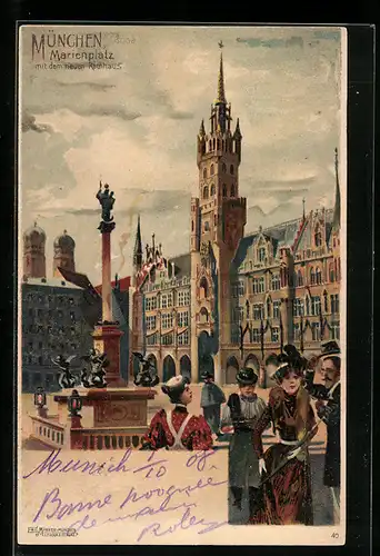 Lithographie München, Marienplatz mit dem neuen Rathaus