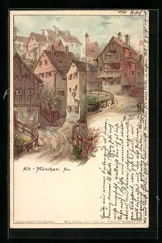 Lithographie Alt-München, Strassenpartie in der Au