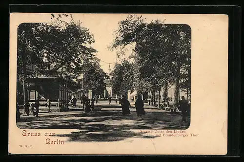 AK Berlin-Tiergarten, Strasse Unter den Linden mit Brandenburger Tor