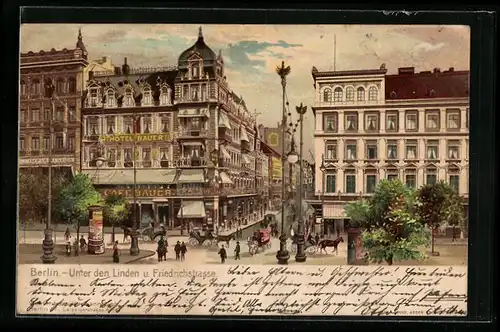 Lithographie Berlin, Unter den Linden mit Hotel & Café Bauer