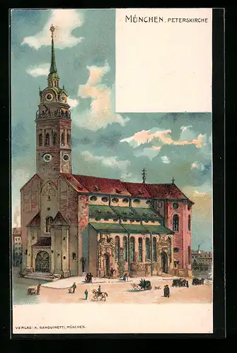 Lithographie München, Aussenansicht der Peterskirche