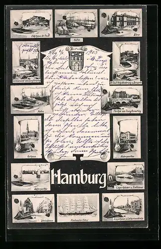 AK Hamburg, Hafen, Rathaus und Fünfmaster Potosi