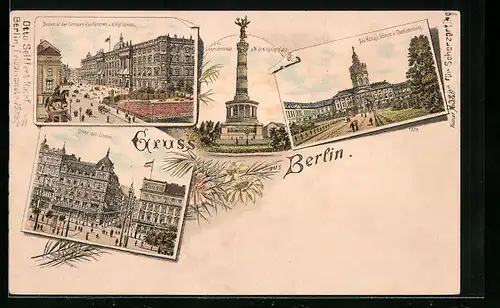 Lithographie Berlin, Denkmal des Grossen Kurfürsten und Kgl. Schloss, Unter den Linden, Siegessäule