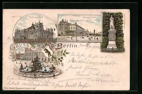 Lithographie Berlin, Reichstagsgebäude, Schlossbrunnen und Palais Kaiser Wilhelm I.