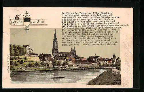 Lithographie Ulm, Flusspartie an der Stadt mit Wappen und Gedicht