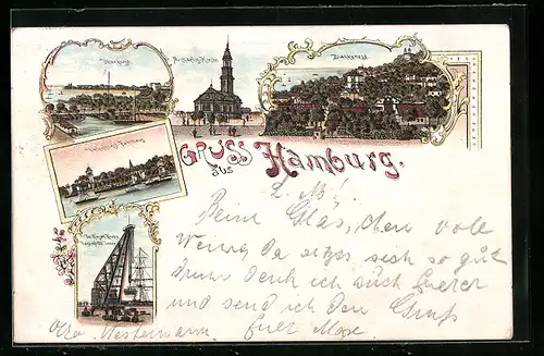 Lithographie Hamburg, Uhlenhorst-Fährhaus, Michaelis-Kirche und Blankenese