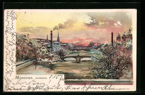 Künstler-Lithographie Theodor Guggenberger: München, Panorama am Isarstrand