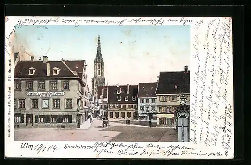 Lithographie Ulm, Hirschstrasse und Gasthof zum goldnen Löwen mit leuchtenden Fenstern