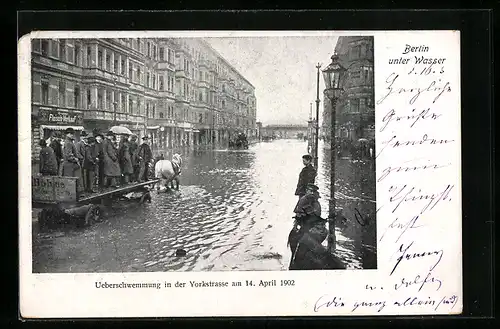 AK Berlin-Kreuzberg, Überschwemmung in der Yorckstrasse durch den grossen Wolkenbruch 1902, Pferdewagen