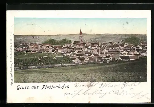 Goldfenster-AK Pfaffenhofen, Ortsansicht und Kirche mit leuchtenden Fenstern