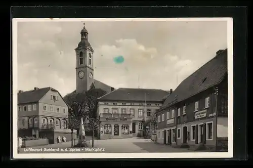 AK Sohland a. d. Spree, Kirche und Bäckerei am Marktplatz