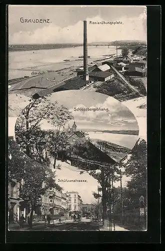 AK Graudenz / Grudziadz, Pionierübungsplatz aus der Vogelschau, Schützenstrasse mit Pferdekutsche, Schlossbergabhang