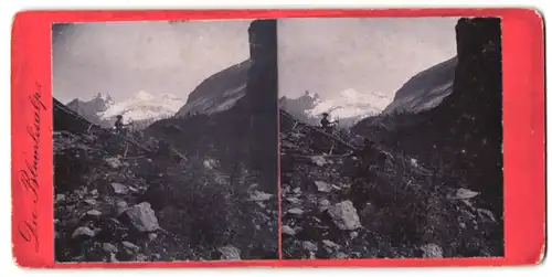 Stereo-Fotografie Ad. Fehlmann, Basel, Ansicht Blüemlisalp, Wanderer bei einer Rast auf der Alpe, Trockenstempel