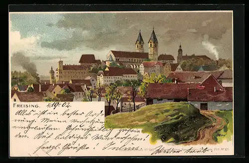 Künstler-AK Freising, Ortsansicht mit Kirche