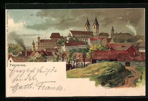 Lithographie Freising, Teilansicht aus der Vogelschau