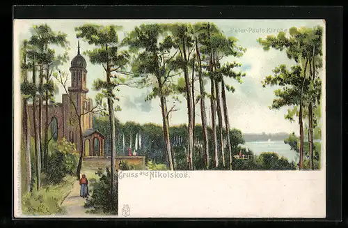 Lithographie Berlin-Wannsee, Nikolskoe, Uferpartie mit Kirche