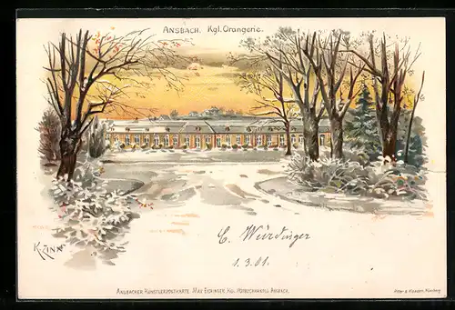 Künstler-AK Ansbach, Königliche Orangerie im Schnee