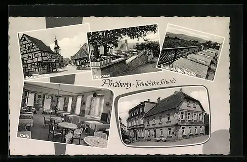 AK Pinzberg, Dorfbrunnen, Terrasse, Blick auf Wallverla, Kurhotel, Café Zur schönen Aussicht, Innenansicht