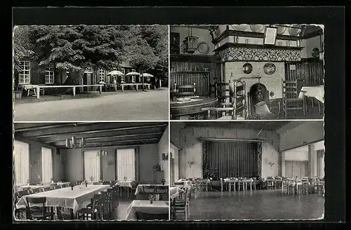 AK Friedeburg i. Ostfr., der Gasthof Gerh. Oltmanns, Aussenanlagen, im Gastraum, Tanzsaal