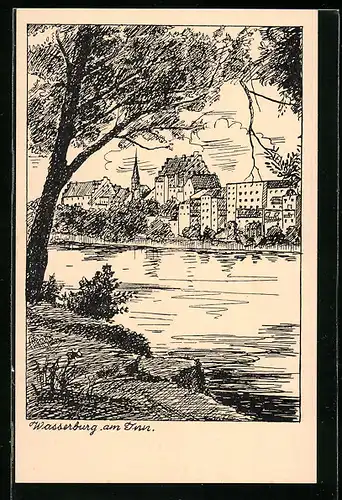 Künstler-AK Wasserburg am Inn, Blick über den Fluss zum Ort