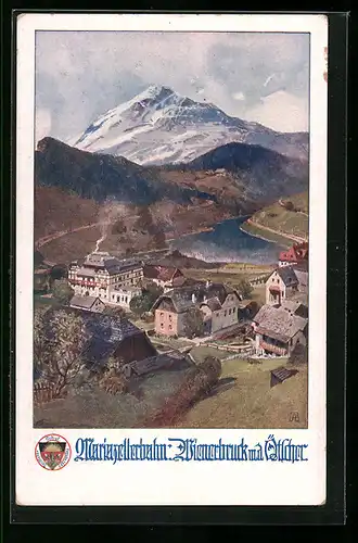 Künstler-AK Wienerbruck a. Ötscher, Ortsansicht mit Bergpanorama, Deutscher Schulverein