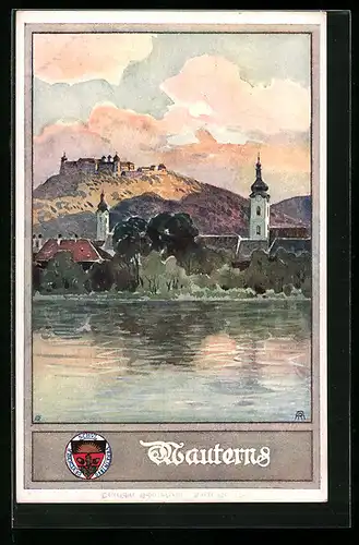 Künstler-AK Deutscher Schulverein Nr. 178: Mautern, Blick vom Fluss auf den Ort