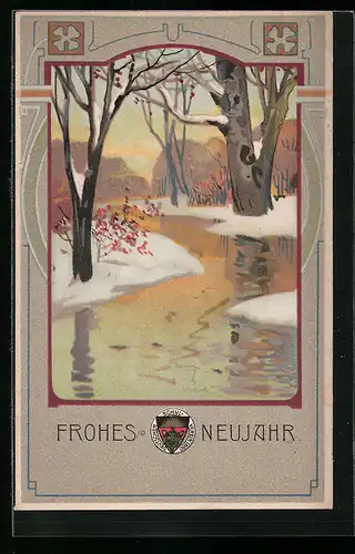 AK Deutscher Schulverein Nr. 116: Frohes Neujahr, Flusslandschaft im Winter