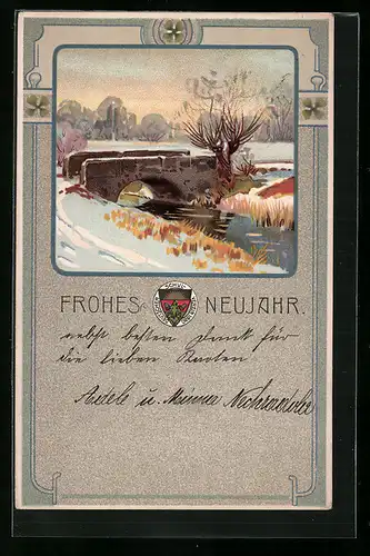 AK Deutscher Schulverein Nr. 117: Frohes Neujahr, Steinbrücke im Winter