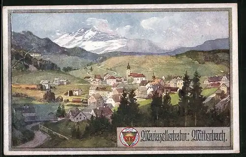 AK Deutscher Schulverein Nr. 718: Mitterbach a. d. Mariazellerbahn, Ortsansicht gegen das Gebirge