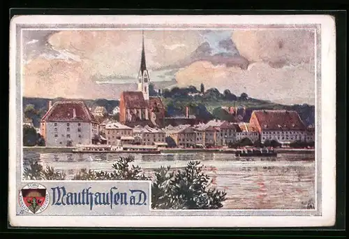 AK Deutscher Schulverein Nr. 441: Mauthausen a. D., Flusspartie im Ort mit Kirche