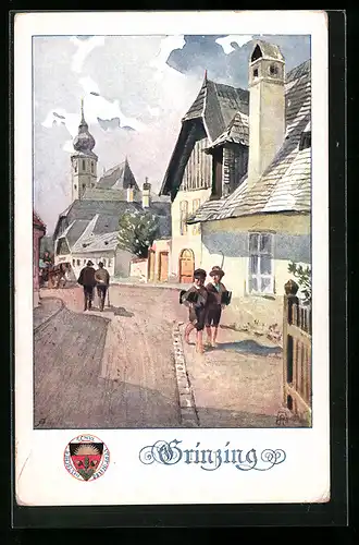 AK Deutscher Schulverein Nr. 325: Grinzing, Schüler auf der Strasse, Kirche