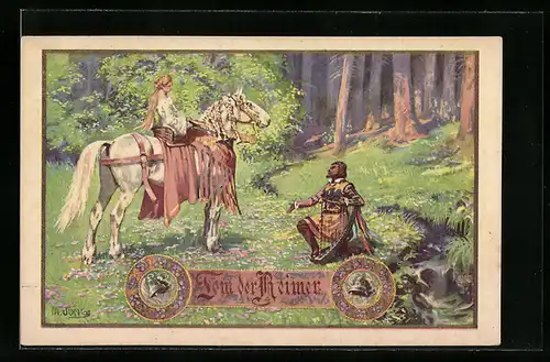 Künstler-AK Franz Jung-Ilsenheim: Teplitz-Schönau, Tom der Reimer, Mann mit Harfe zu Füssen einer Frau auf Pferd