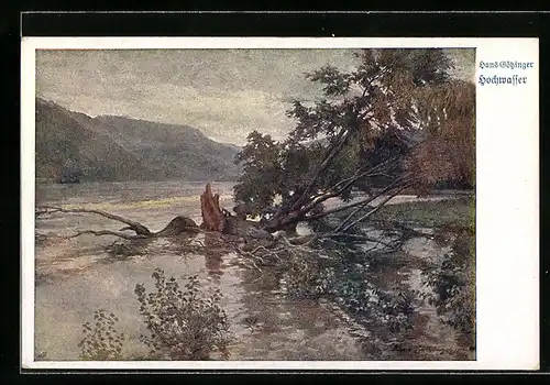 Künstler-AK Deutscher Schulverein Nr. 944, Hans Götzinger: Fluss bei Hochwasser reisst ganze Bäume mit sich