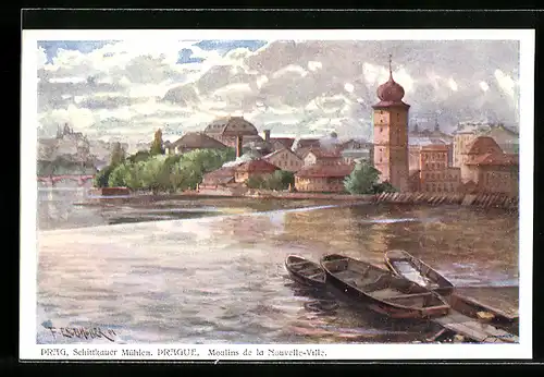 Künstler-AK Ferdinand Engelmüller: Prag, Schittkauer Mühlen