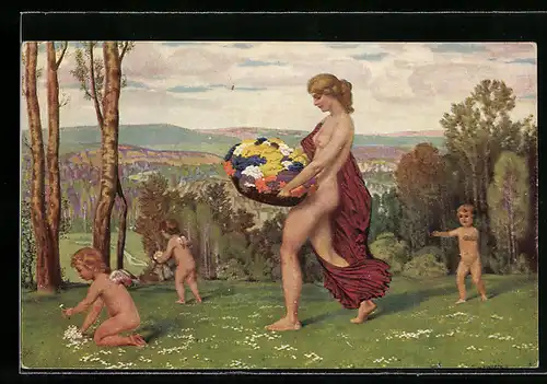 Künstler-AK Walter Einbeck: Flora, Nackte Schönheit mit Engelsgestalten