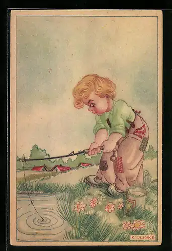 Künstler-AK Karel L. Links: Mann beim Angeln