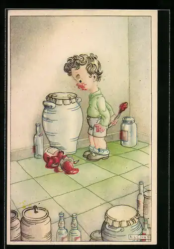 Künstler-AK Karel L. Links: Bube zerbricht beim Naschen ein Marmeladenglas