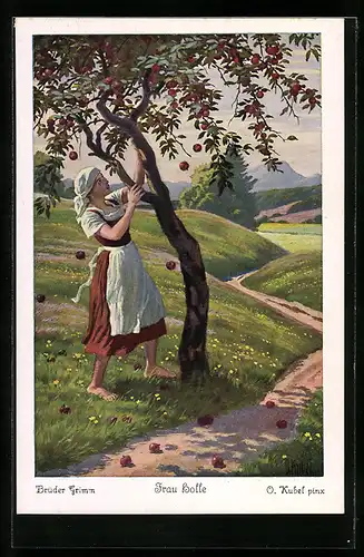 Künstler-AK Otto Kubel: Brüder Grimm's Märchen: Frau Holle, Goldmarie am Apfelbaum