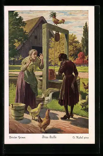 Künstler-AK Otto Kubel: Brüder Grimm's Märchen: Frau Holle, Pechmarie vor dem Brunnen