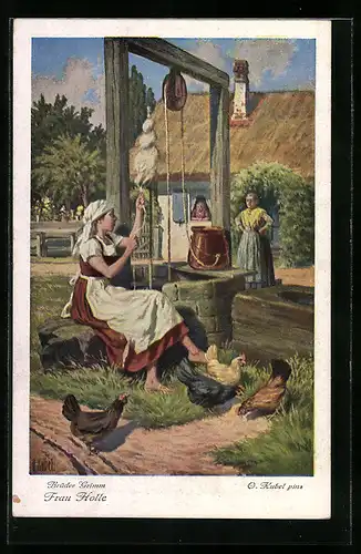 Künstler-AK Otto Kubel: Mädchen spinnt am Brunnen, Frau Holle