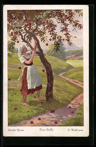 Künstler-AK Otto Kubel: Brüder Grimm's Märchen: Frau Holle, Goldmarie am Apfelbaum