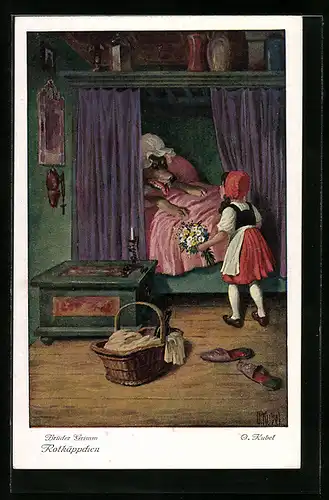 Künstler-AK Otto Kubel: Rotkäppchen besucht Grossmutter, Wolf
