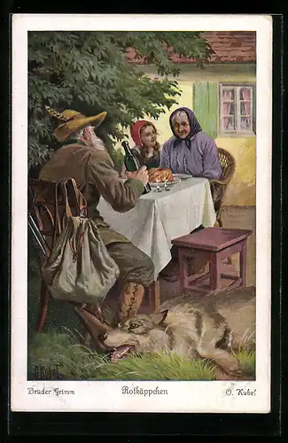 Künstler-AK Otto Kubel: Rotkäppchen feiert mit ihrer Grossmutter und dem Jäger den Sieg über den bösen Wolf