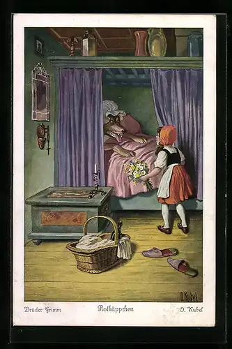 Künstler-AK Otto Kubel: Rotkäppchen trifft auf den als Grossmutter verkleideten Wolf