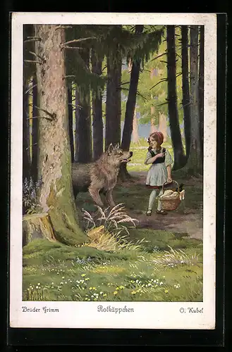 Künstler-AK Otto Kubel: Rotkäppchen mit dem Wolf im Wald