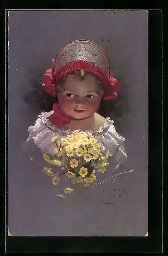 Künstler-AK Ludwig Knoefel: Kleines Kind mit gelben Blumen