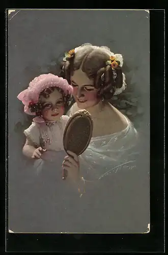 Künstler-AK Ludwig Knoefel: junge Dame und Mädchen mit Handspiegel