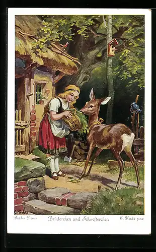 Künstler-AK sign. G. Hinke: Märchen Brüderchen und Schwesterchen der Brüder Grimm, in der Waldhütte
