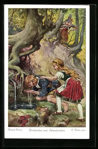 Künstler-AK Brüderchen und Schwesterchen waren der bösen Stiefmutter entwichen und in den tiefen Wald entflohen...