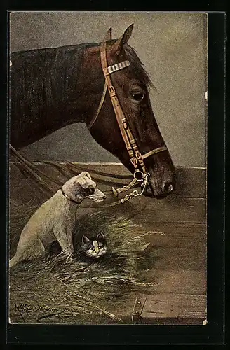 Künstler-AK August Müller - München: Katze, Terrier und Pferd